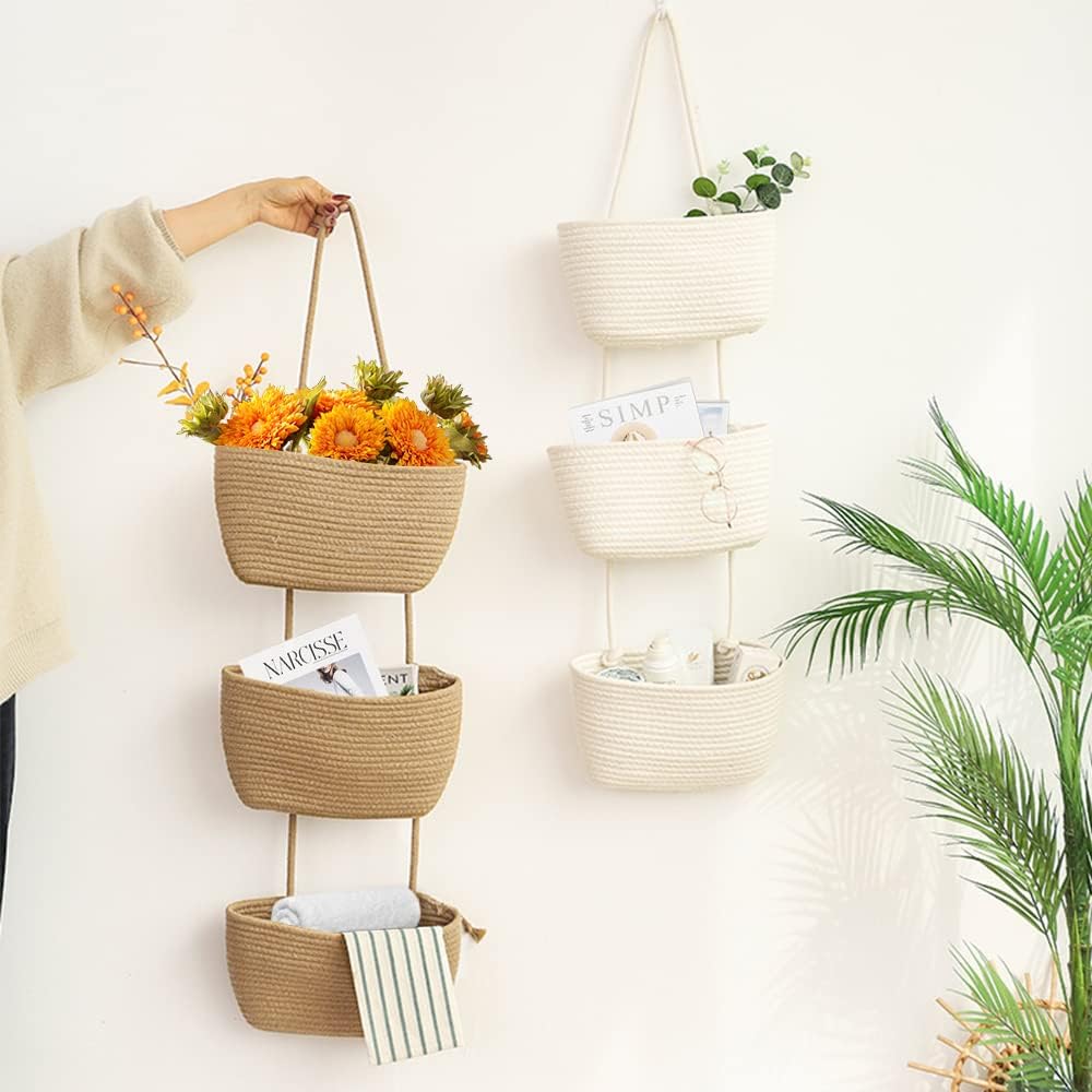 TeoKJ Over the Door Hanging Basket, 3-Tier Woven Cotton Wall-Mounted S