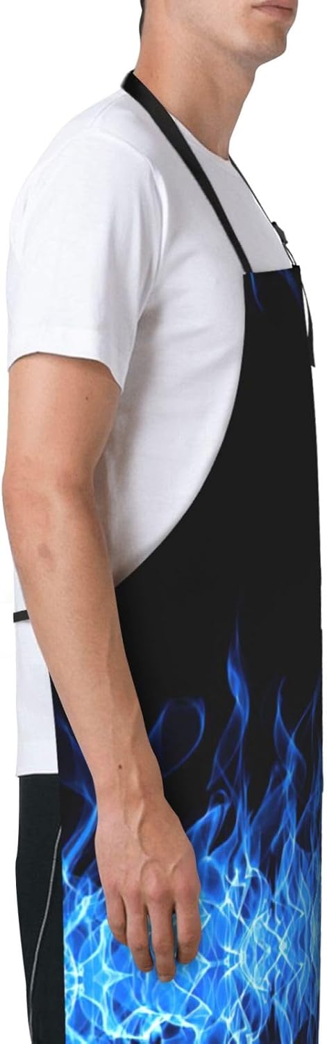 Blue Flame print Waterproof apron with pocket adjustable cooking apron
