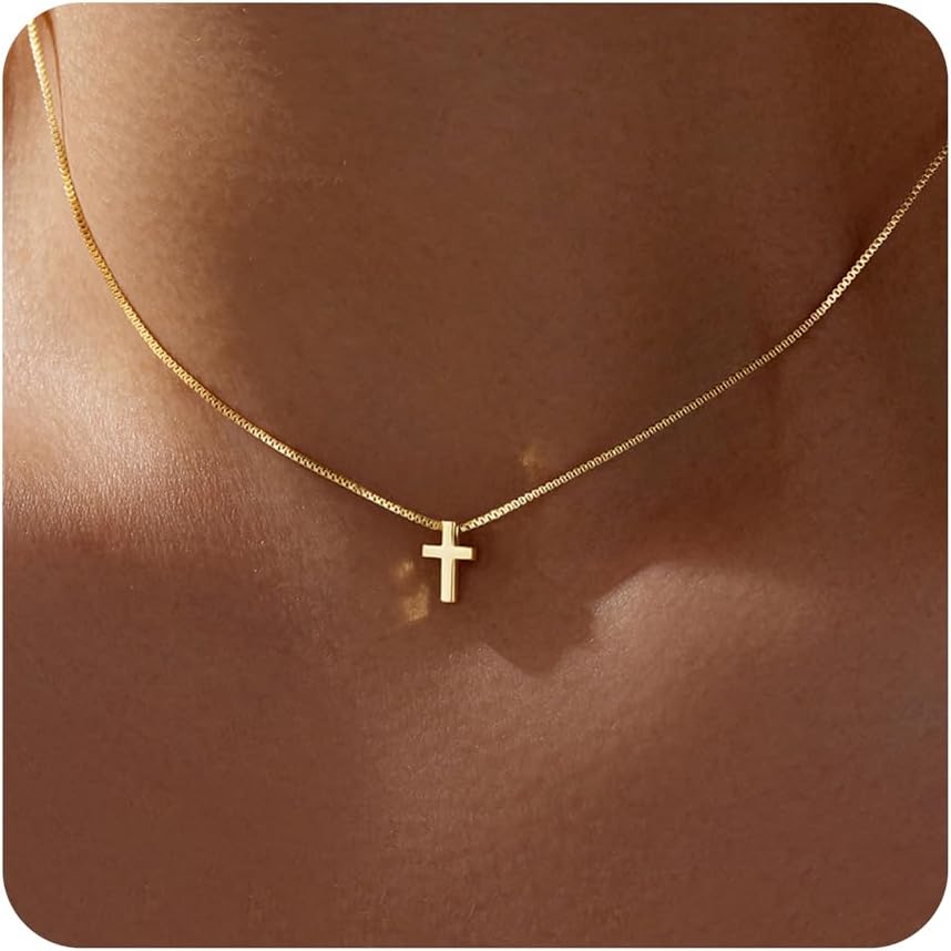 Easter Basket Stuffer Cross Necklace for Women Girls, Dainty 14K Gold 