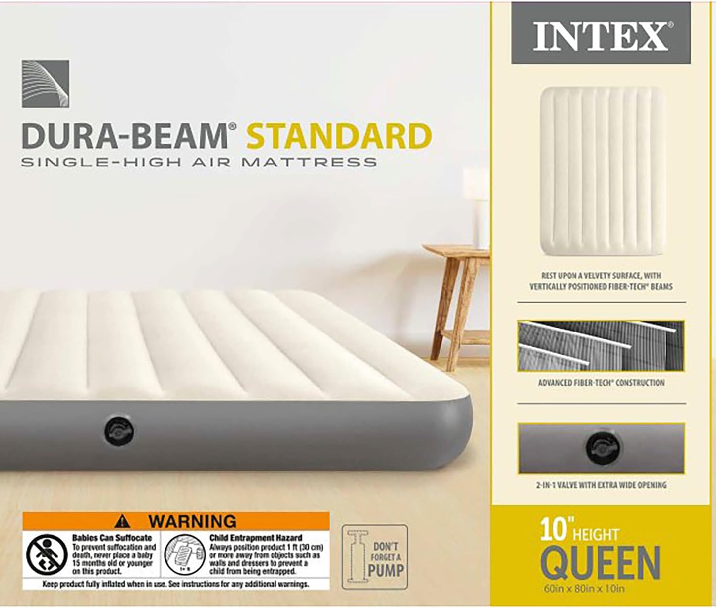 Intex 64103E Dura-Beam Standard Single-High Air Mattress: Fiber-Tech - Queen Size - 10in Bed Height - 600lb Weight Capacity - Pump Sold Separately