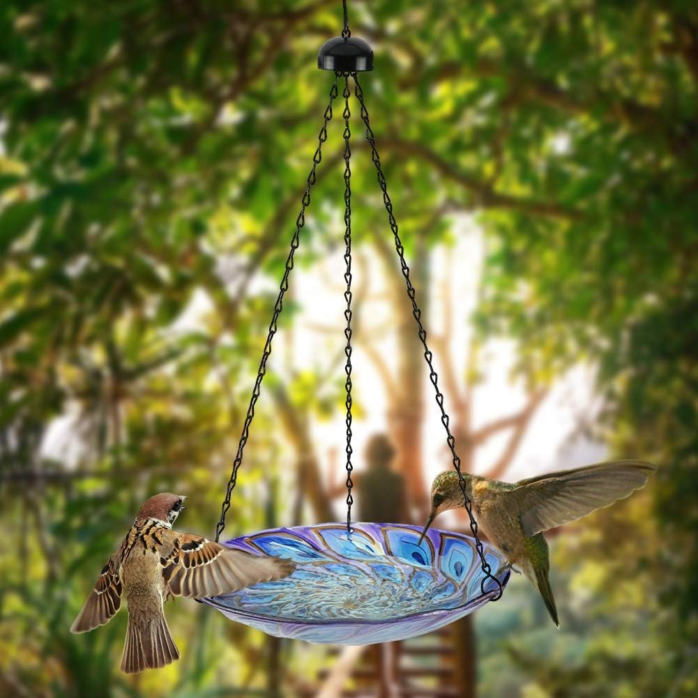 VCUTEKA Hanging Bird Baths Outdoor Glass Peacock Birdbath Birdfeeder f