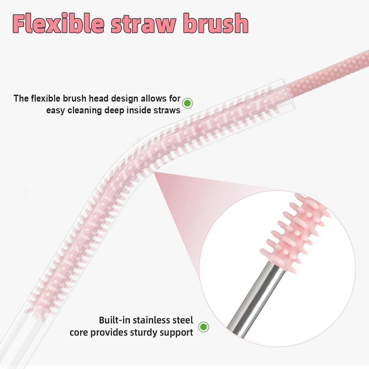 Silicone Straw Cleaner Brush, 4-Piece Reusable Straw Brush Set with Extra-Long Design for Cleaning Thin Metal Straws and Wider Milkshake Straws （6mm+9mm Pink)