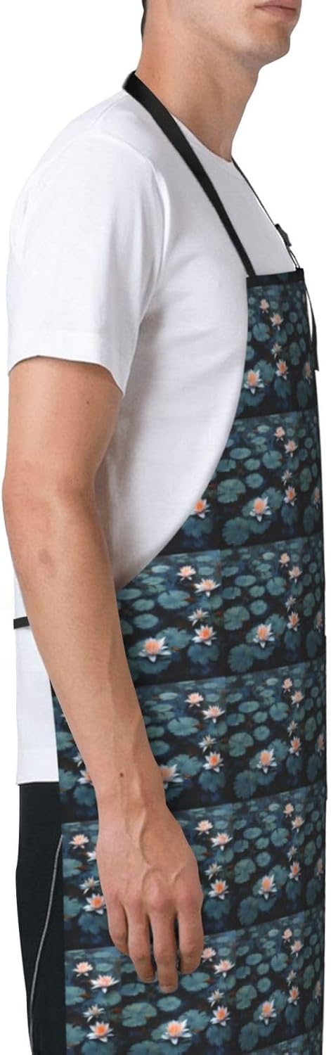 YANYU Lily Pads Flower Print 28x33 In Kitchen Apron Stylish Chef Apron with Pockets for Cooking Baking Painting