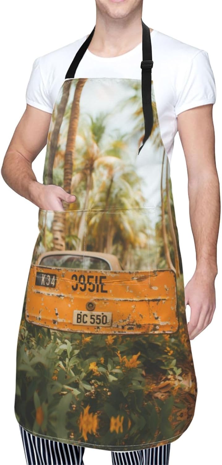 Old License Plate print Waterproof apron with pocket adjustable cooking apron for adult kitchen bibs to bake