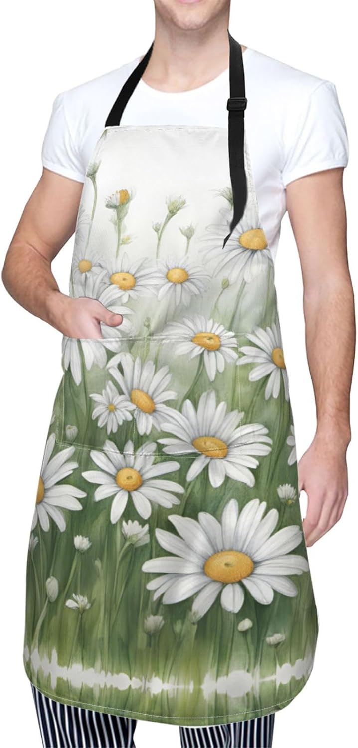White Daisy print Waterproof apron with pocket adjustable cooking apron for adult kitchen bibs to bake