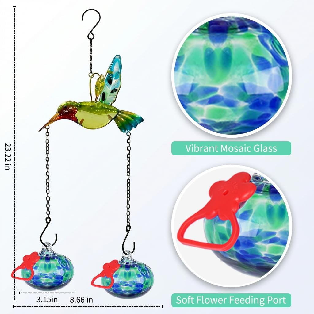 Hand Blown Glass Hummingbird Feeder–Unique Hummingbird Feeders for Outdoors Hanging with Hummingbird Orament and Upgraded Sturdy Iron Chains,Hand-Painted Art for Garden Yard Decor(Red)