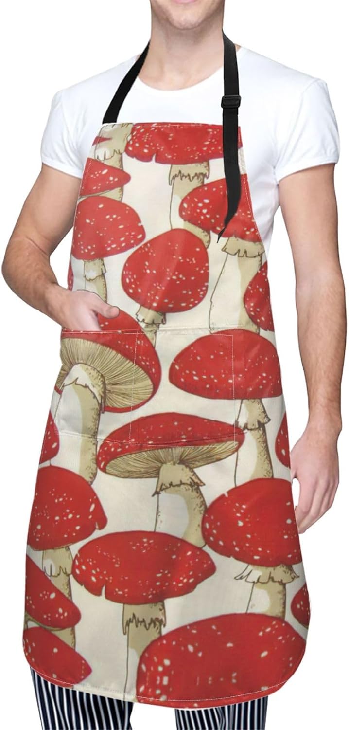 Red White Mushroom Print Laundry apron 28x33 In Waterproof Kitchen Apr
