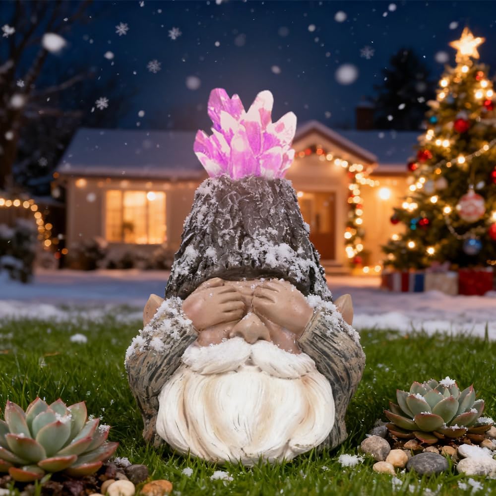 Solar Gnome Statue Decor with LED Solar Light, Handcrafted Resin Garden Amethyst Crystal Gnome Lamp Figurine for Yard Porch Home Decor for Gardeners & Garden Aesthetic Lovers