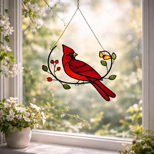 Glass Cardinal Bird Stained Glass Window Hanging Suncatcher Indoor Panel, Nautical Suncatcher Decor for Home, Wall, Garden, Coastal Ornament, Gift for Women and Mom