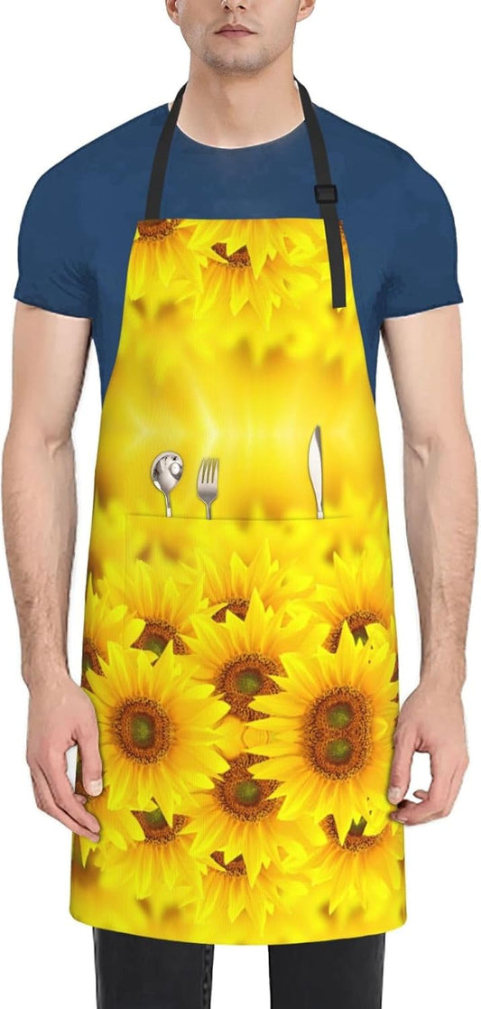 Yellow Sunflower print Waterproof apron with pocket adjustable cooking