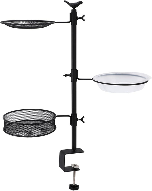 ZJchao Deck Bird Feeder Railing Mount Three Trays Bath Fence Outdoor B