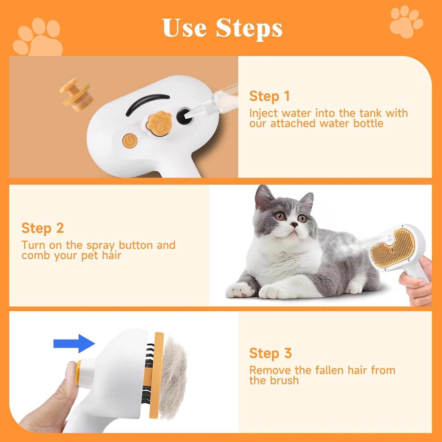 Pet Steam Brush for Dog & Cat – 3-in-1 Spray Hair Removal Comb for She