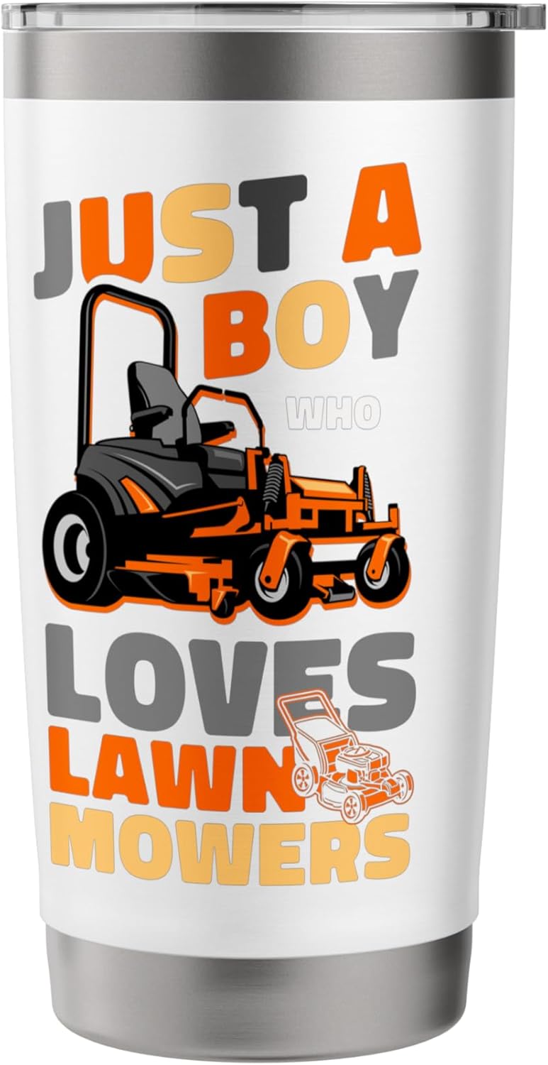 Lawn Mower Mowing Dad Father Landscaper Tractor Just A Boy Stainless Steel Insulated Tumbler