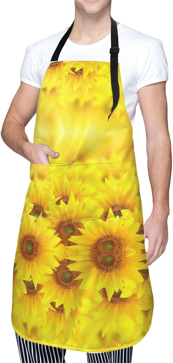 Yellow Sunflower print Waterproof apron with pocket adjustable cooking