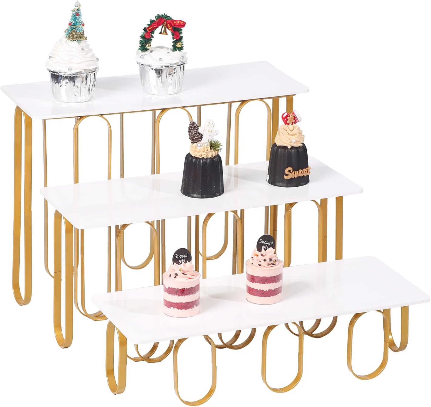 15inch 3 Tier Rectangular Plates with Metal standsy Set, Serving Trays Party Divided Tray, Used for Displaying Vegetables, Fruits and Desserts Cake, Golden and White Version