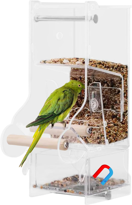 La La Pet®No Mess Automatic Bird Feeder for Cage Acrylic Bird Food Container Adjustable Bird Cage Feeder with Perch Parrot Feeding Station for Small Birds, Transparent
