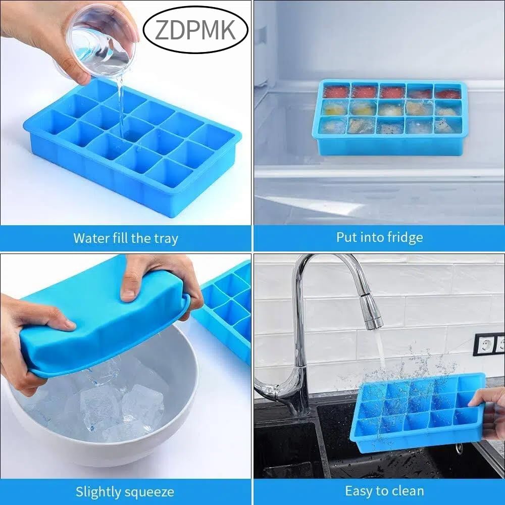 2 Pack Ice Cube Trays, ZDPMK Silicone Easy Release Flexible Molds 15 Ice Cubes Tray for Freezer，Cocktail，Whiskey，Reusable & BPA Free