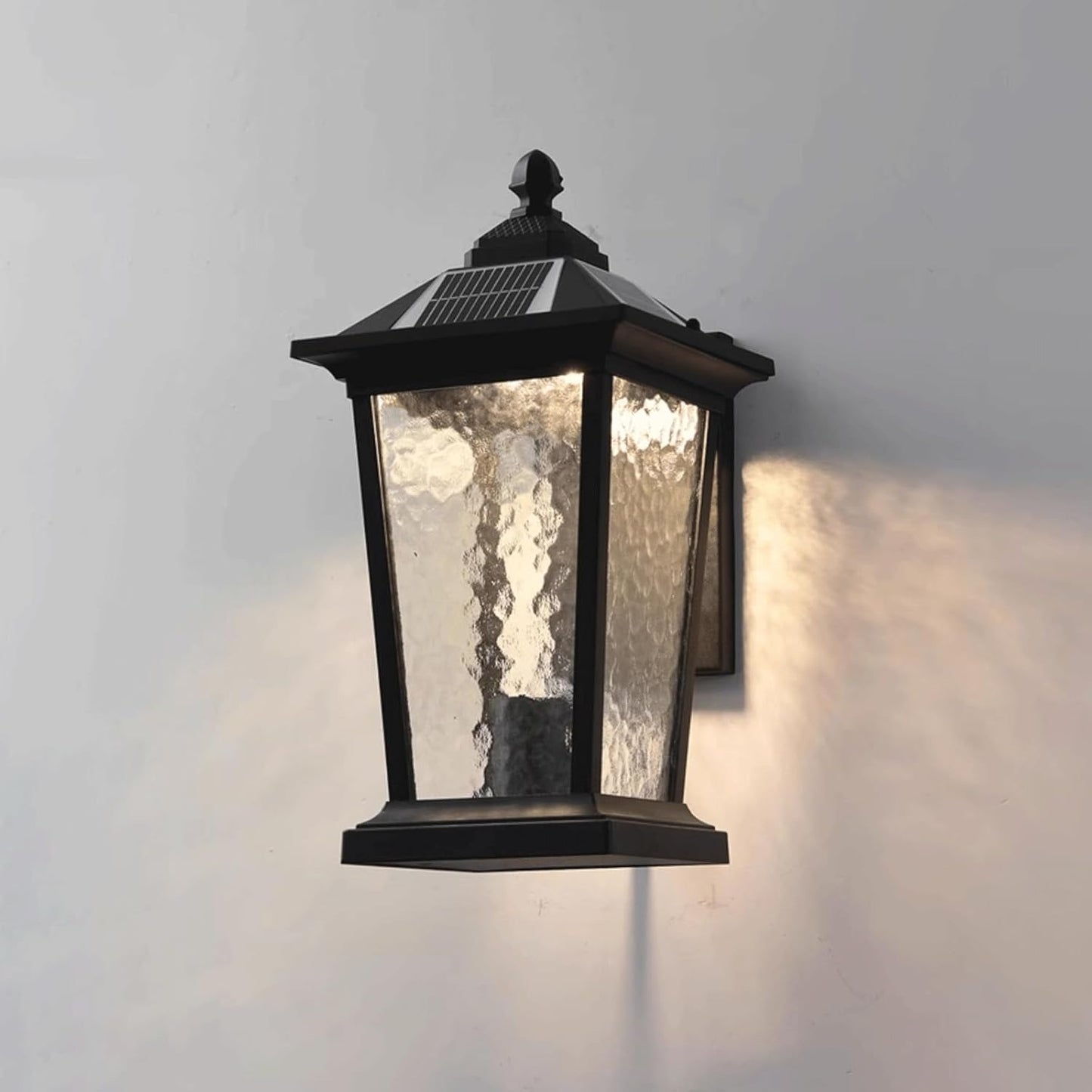 Solar Wall Sconce, Exterior Wall Lantern, Wall Light, Dusk to Dawn with Remote, Black Aluminum and Ripple Glass for Porch Patio Garden Garage Yard Fence Villa Entryway Gate Cottage