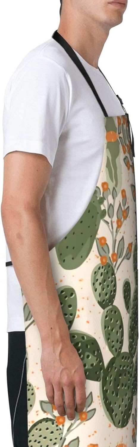 Green Cactus Print Laundry apron 28x33 In Waterproof Kitchen Apron with Pockets for Cooking Baking
