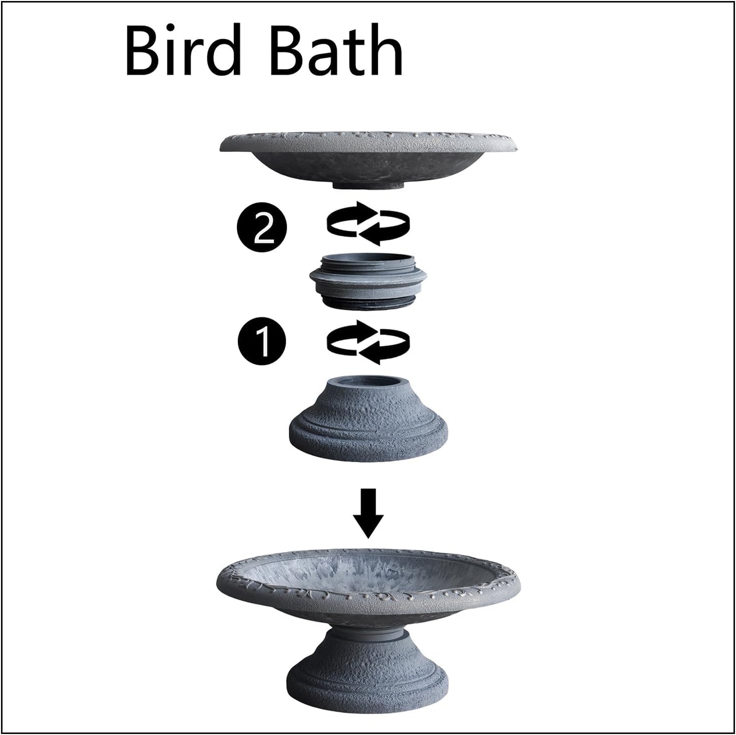 Tierra Garden Birds and Beyond Fiber Clay Bird Bath, Semi-Gloss Bird Bowl with Matte Low-Profile Base (Charcoal)