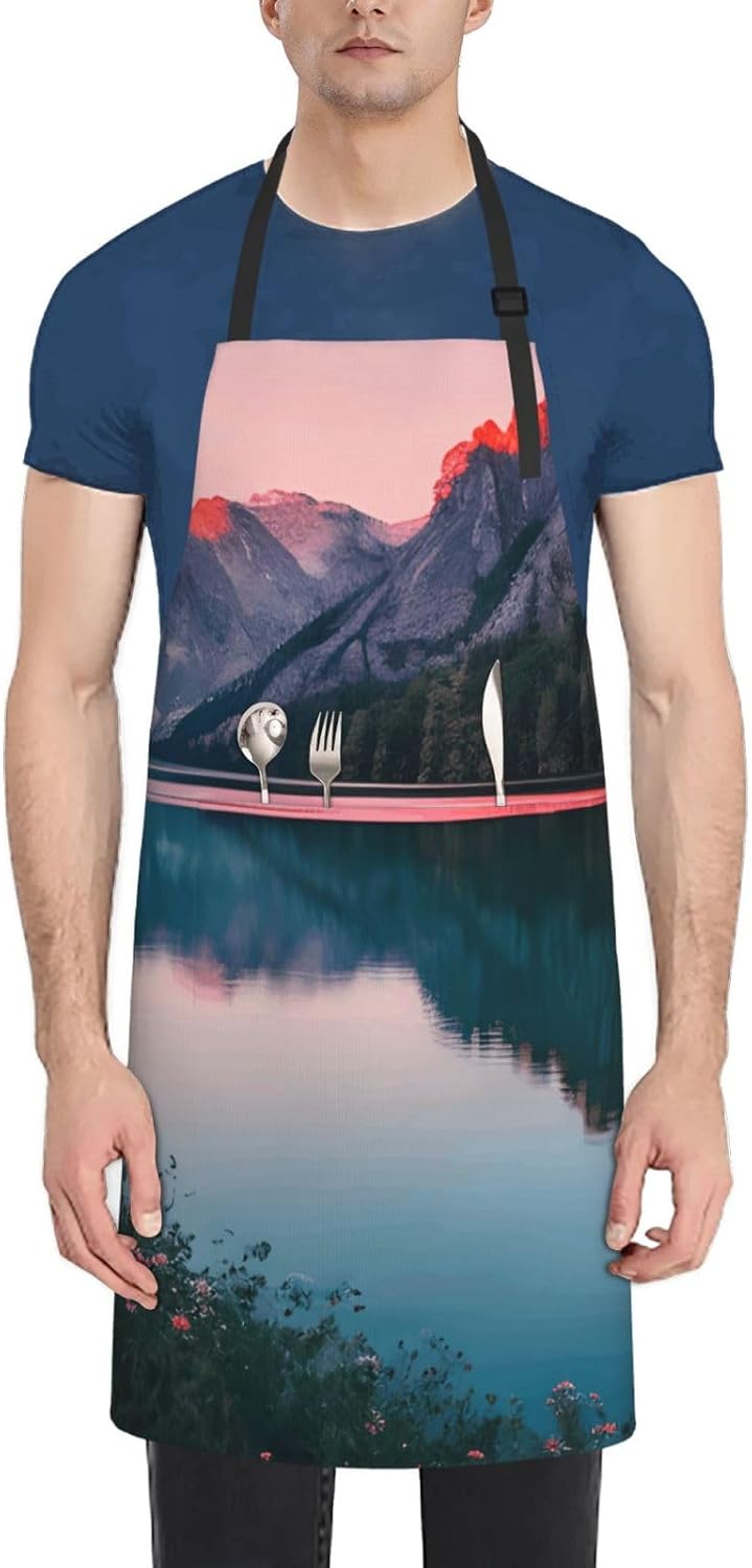 YANYU Lake and Sunset Print 28x33 In Kitchen Apron Stylish Chef Apron 