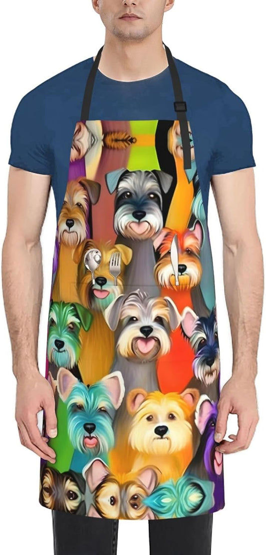 Oil Cute Schnauzer Dogs print Waterproof apron with pocket adjustable 