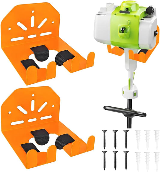 Wall Mounted Tool Holder for Garage & Garden - Heavy Duty Trimmer Rack for Weed Eater, Hedge Trimmer, Lawn Mower & Power Tools, Orange (2)