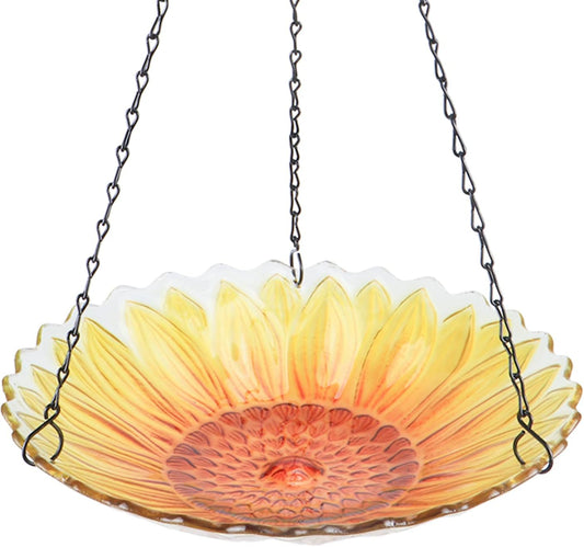 MUMTOP Hanging Bird Bath Outdoor, Sunflower Glass BirdBaths & Birdfeeder with Water Ripple Rim 11 Inch for Garden Yard Patio Decor