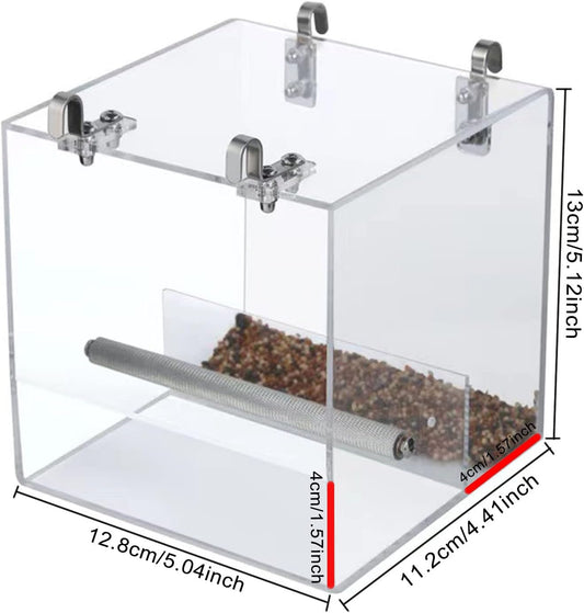 No Mess Bird Feeder for Cage, Automatic Acrylic Bird Feeder Seed Catcher Tray Cage with Stainless Steel Hooks for Small Parrots Canary Parakeet Budgerigar Crested Cockatiel Lovebird (Small)