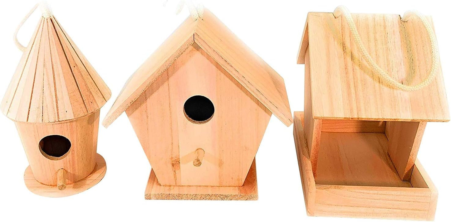 3-Piece DIY Birdhouse Set with Feeder – Includes 2 Wooden Bird Houses & 1 Bird Feeder, Large Paintable Craft Kit for Kids & Adults, Ideal for Home, Garden & Outdoor Decor