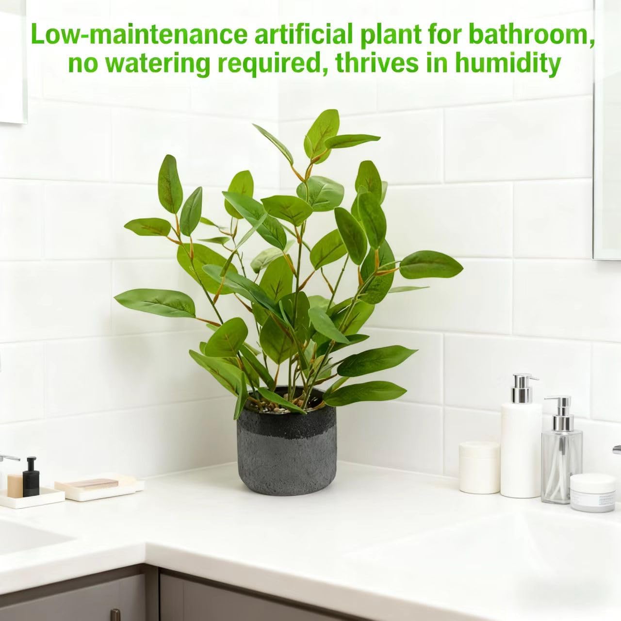 Fake Ficus Plants 14.5 Inches Tall Artificial Ficus Indoor Plants with Green Lifelike Leaves in Black Gray Pot for Home House Outdoor Decor Porch Pots Planter Decorations