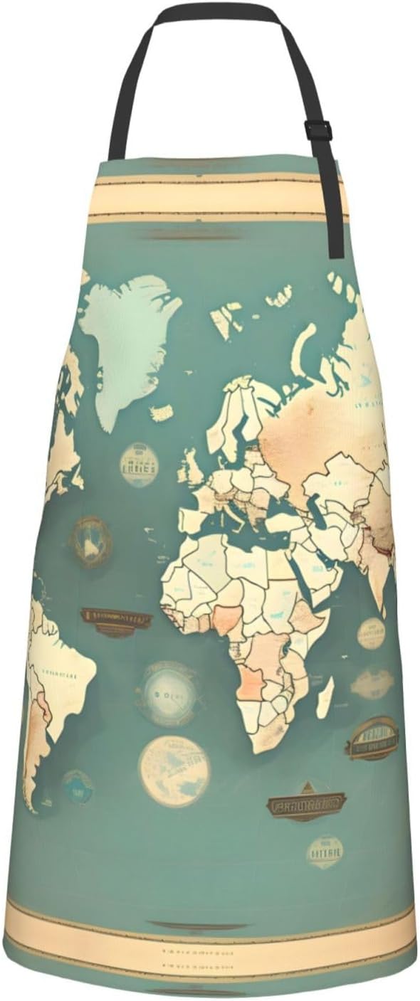 World Map Retro Print 28x33 In Adult Kitchen Apron with Pockets Versatile Chef Smock for Cooking Baking