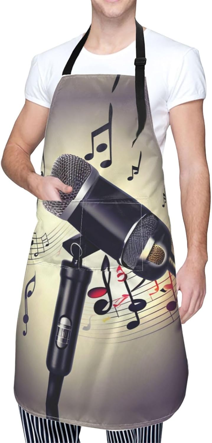 Microphone with Music Note print Waterproof apron with pocket adjustable cooking apron for adult kitchen bibs to bake