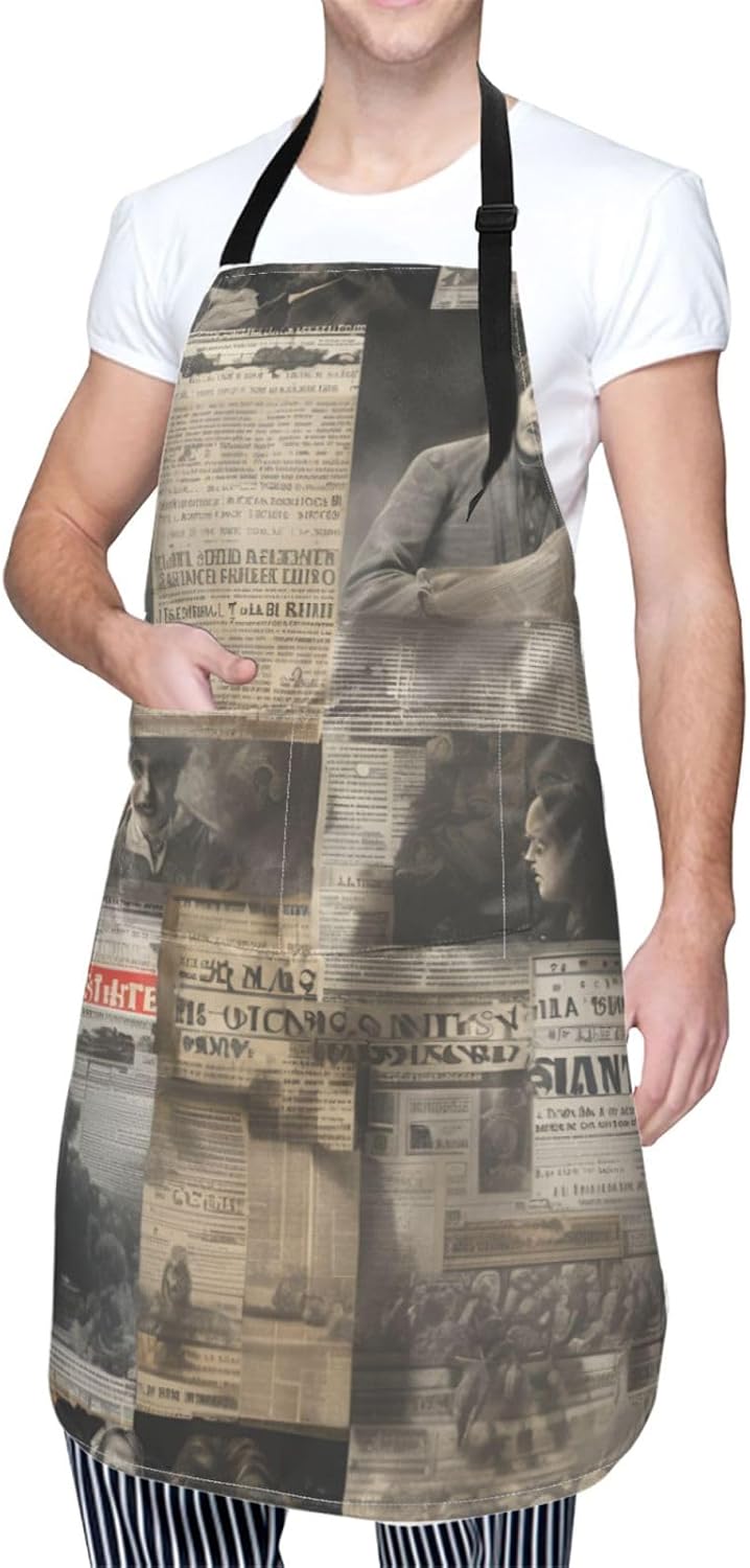YANYU newspaper hd Print 28x33 In Kitchen Apron Stylish Chef Apron with Pockets for Cooking Baking Painting