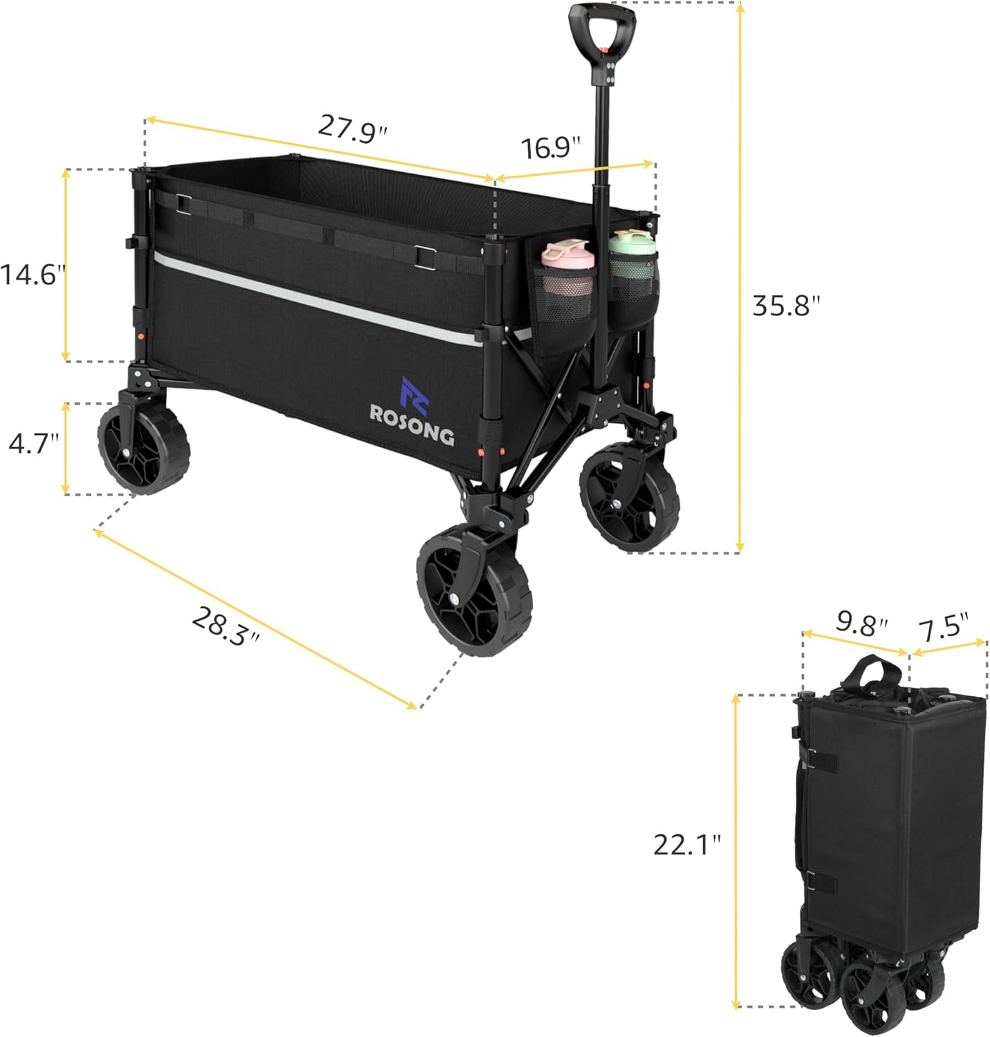 Collapsible Wagon Cart with Wheels Foldable - Folding Utility Heavy Duty Wagons Carts for Grocery Sports Garden Shopping Camping Wheelbarrows (Black, 120L)