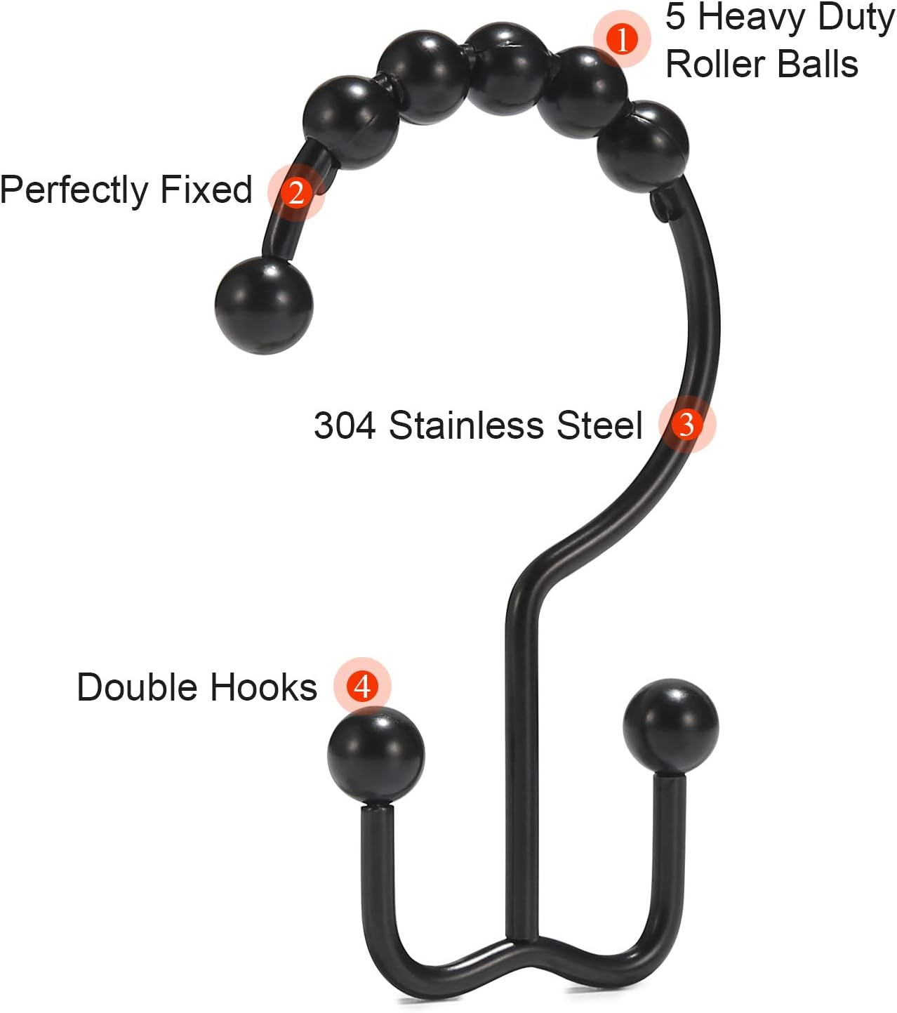 Shower Curtain Hooks, Goowin Shower Curtain Rings, Stainless Steel Black Shower Curtain Hooks, Shower Curtain Rings Rust Proof, Free Sliding Double Shower Hooks for Shower Curtain & Liners (Black)