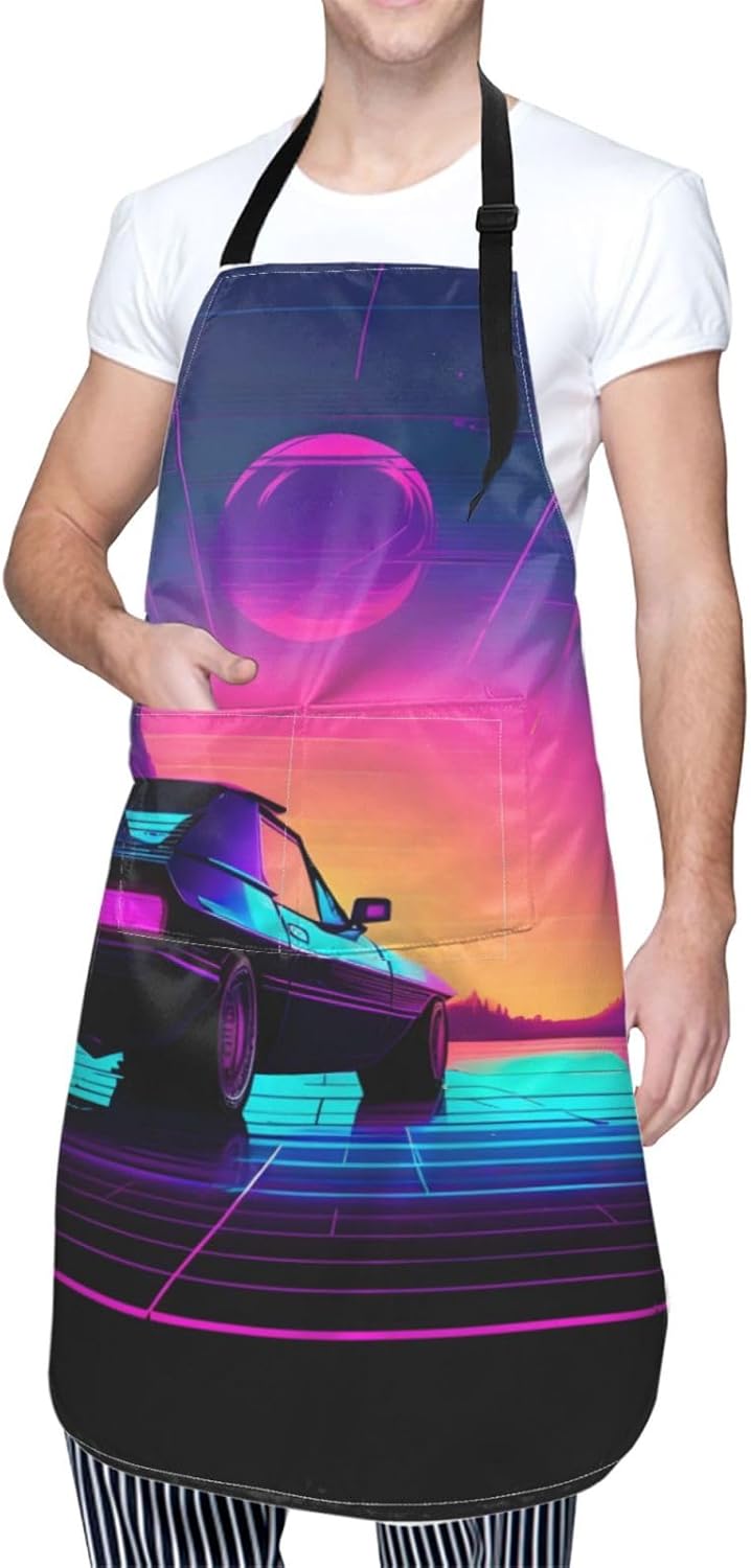 Retrowave pictures print Waterproof chef's apron with pocket apron for kitchen cooking baking barbecue and gardening