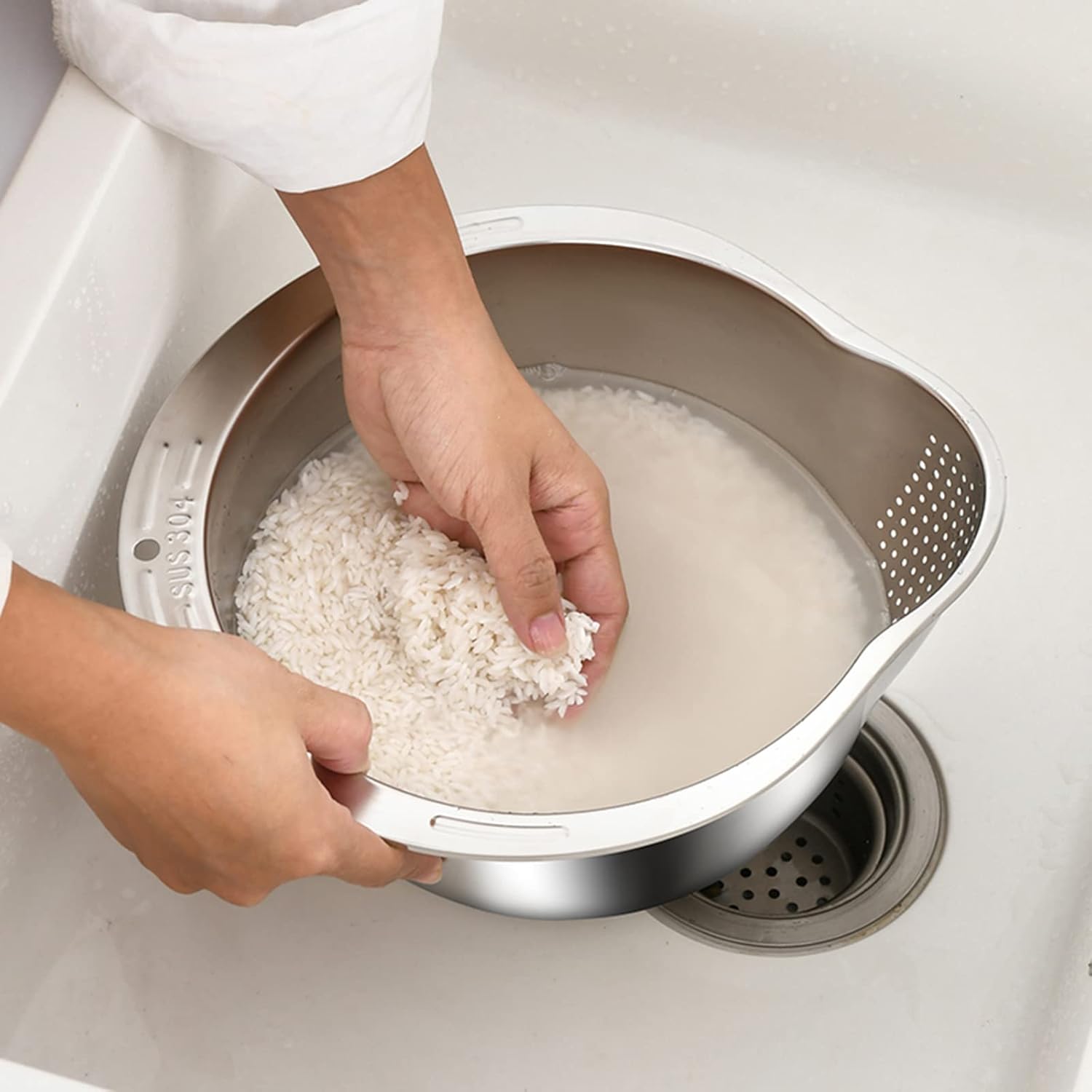 Rice Washer Strainer Bowl - 4-in-1 Washing Bowl for Quinoa, Stainless 