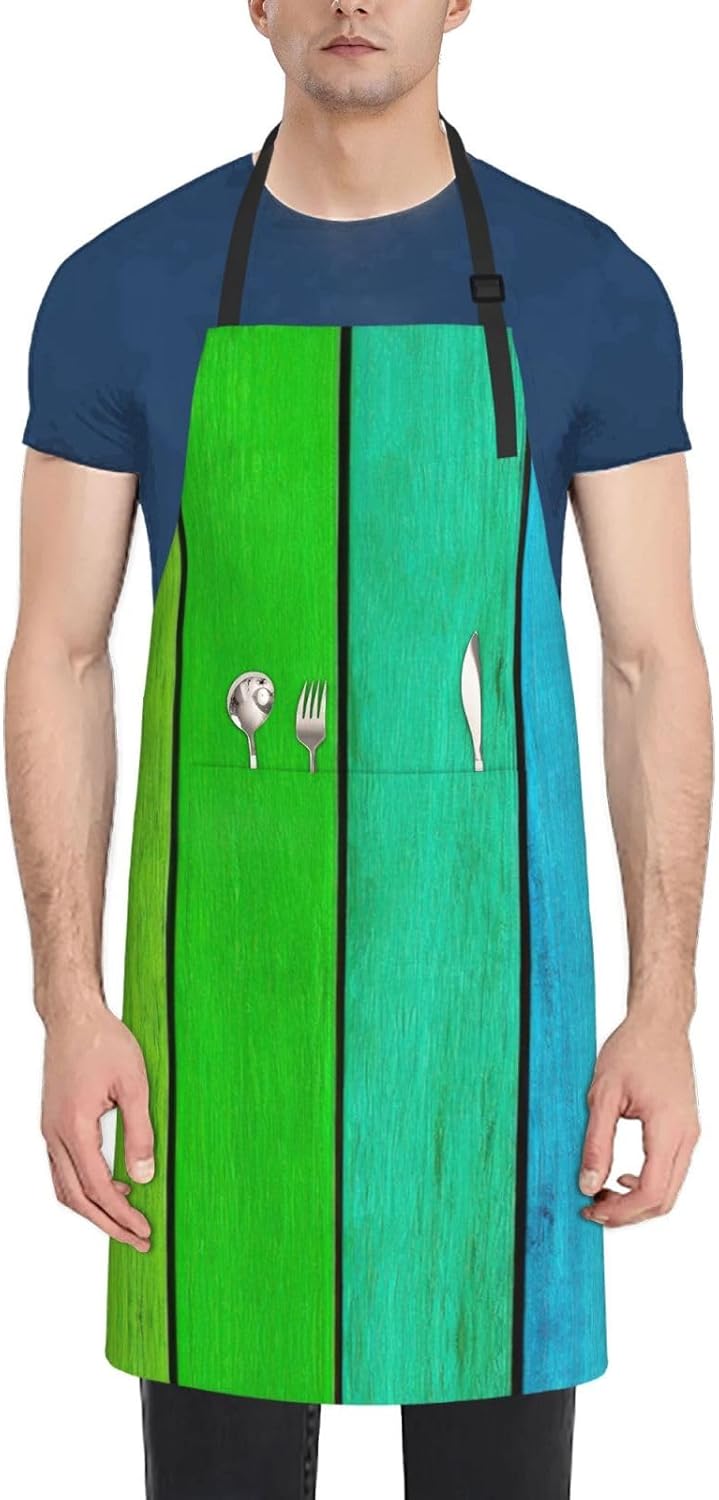 Rainbow Colored Wood Background Print Laundry apron 28x33 In Waterproof Kitchen Apron with Pockets for Cooking Baking