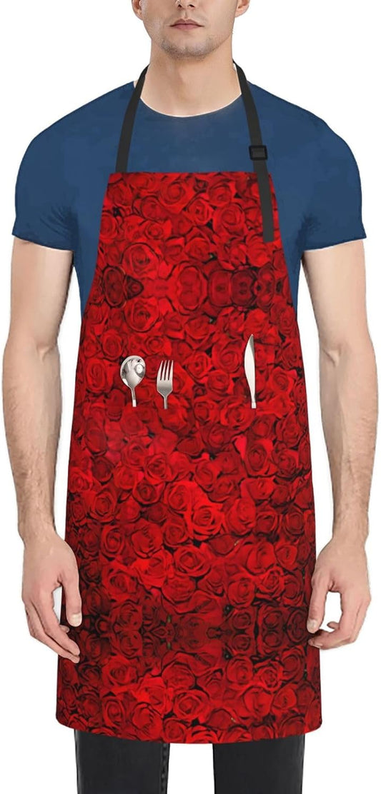 Red Rose1 Print Laundry apron 28x33 In Waterproof Kitchen Apron with Pockets for Cooking Baking