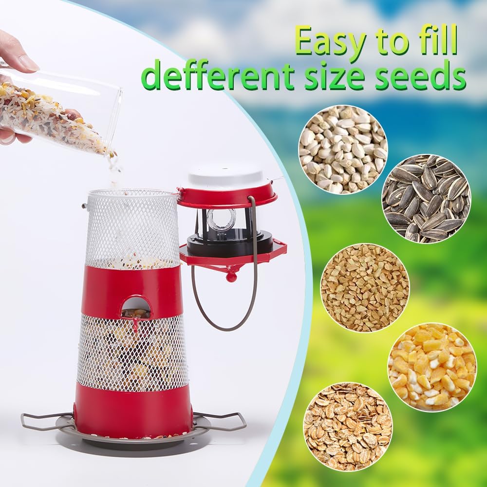 Solar Bird Feeder Lighthouse Hanging Outdoor Birdfeeder Garden Lantern Waterproof LED Lights Backyard Décor Patio Gifts for Bird Lovers (B-Lighthouse, Red)