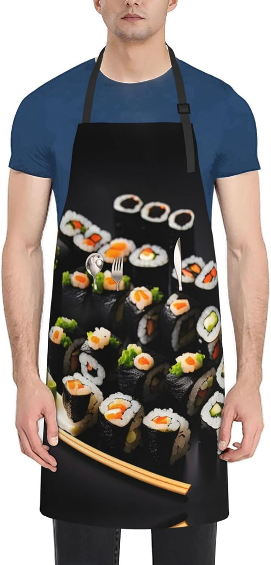 Japanese Sushi Black print Waterproof apron with pocket adjustable cooking apron for adult kitchen bibs to bake