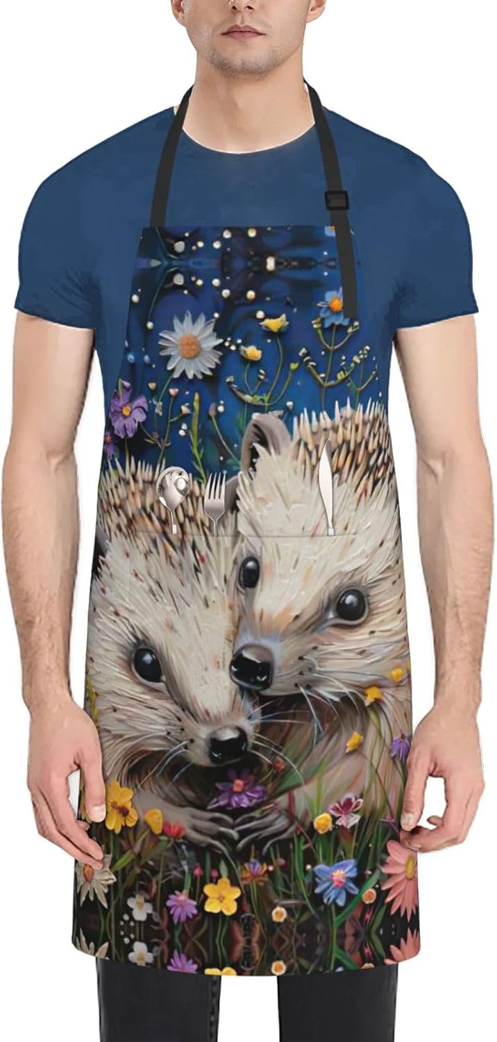 Floral Hedgehogs Print Laundry apron 28x33 In Waterproof Kitchen Apron with Pockets for Cooking Baking