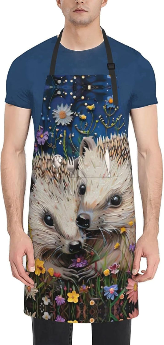 Floral Hedgehogs Print Laundry apron 28x33 In Waterproof Kitchen Apron with Pockets for Cooking Baking