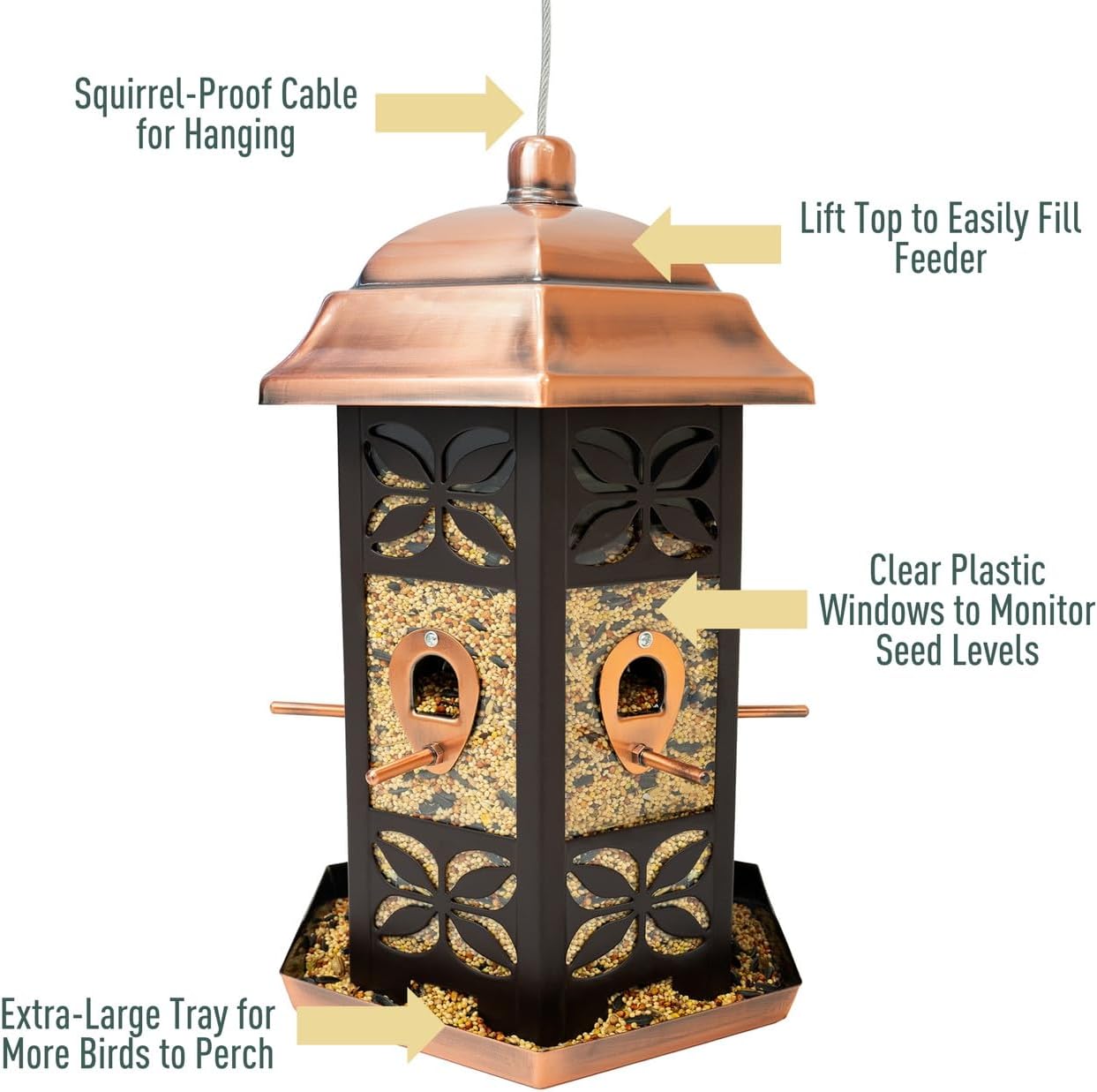 North States - Copper Hexagon Birdfeeder: Copper Bird Feeder for Outdoors, Holds 9.5 Pounds of Seed