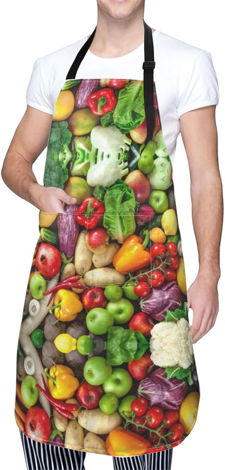 Fresh Fruits and Vegetables print Waterproof apron with pocket adjustable cooking apron for adult kitchen bibs to bake