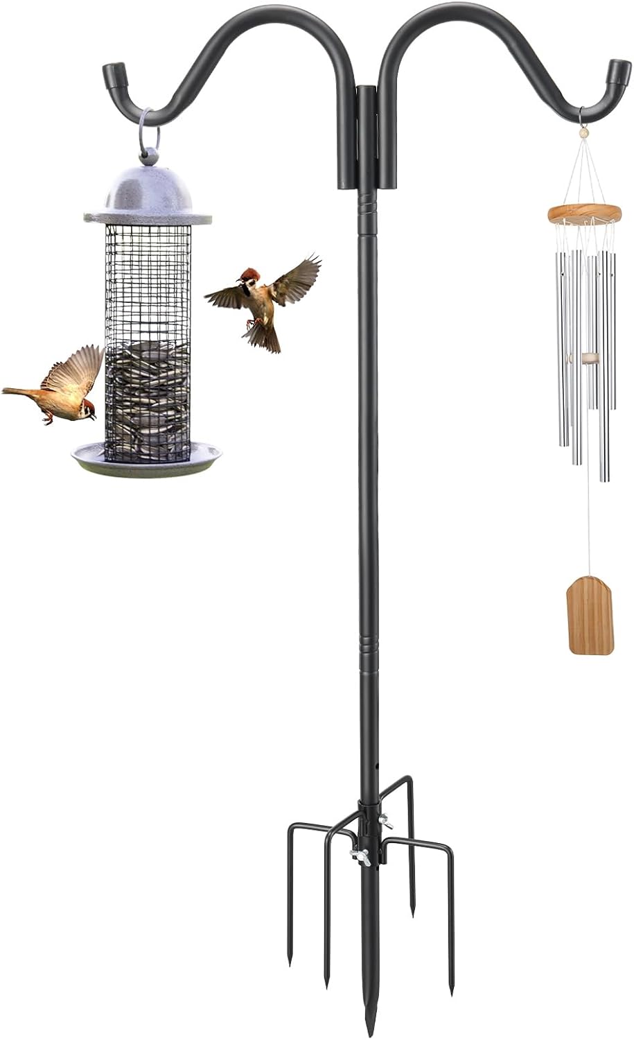 Double Shepherds Hooks for Outdoor, 94 Inch Adjustable Bird Feed Pole with 5 Prongs Base, Heavy Duty Shepherds Hook for Bird Feeder, Bird House, Light Plant, Wind Chime, Hummingbird Feeder, Lantern