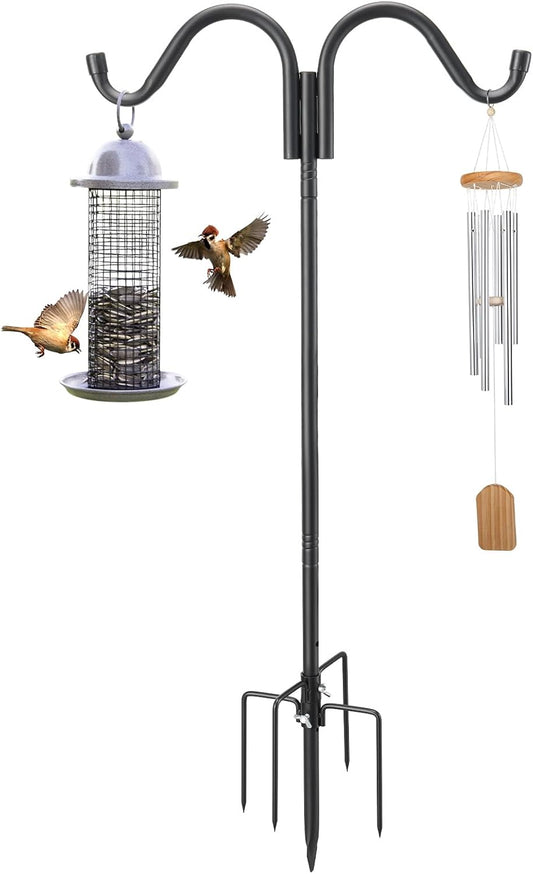 Double Shepherds Hooks for Outdoor, 94 Inch Adjustable Bird Feed Pole with 5 Prongs Base, Heavy Duty Shepherds Hook for Bird Feeder, Bird House, Light Plant, Wind Chime, Hummingbird Feeder, Lantern
