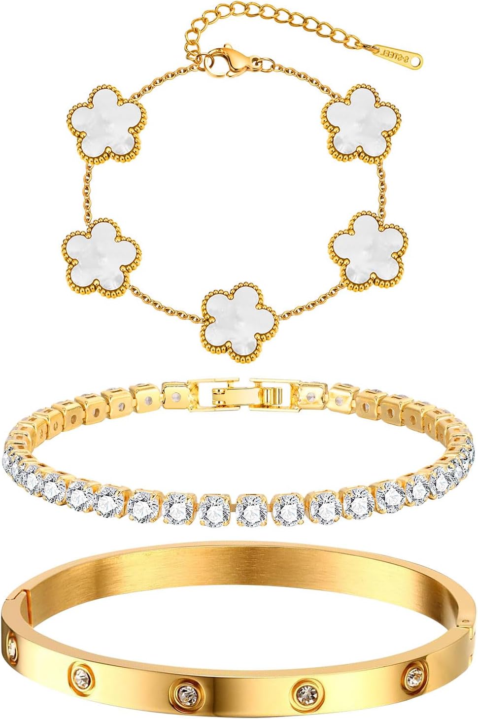 Womens Stackable Floral Gold Bracelets - 3Pcs 18K Gold Plated Bracelet