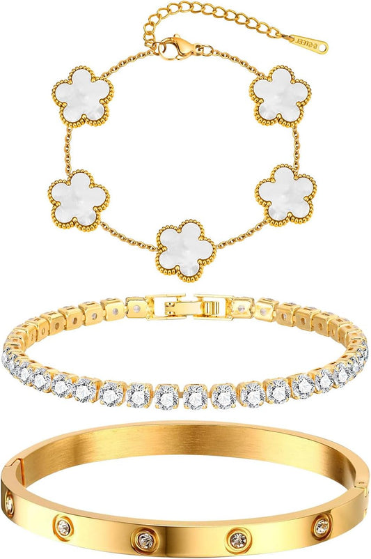 Womens Stackable Floral Gold Bracelets - 3Pcs 18K Gold Plated Bracelet
